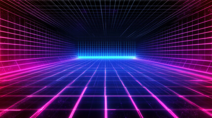 Poster - neon grid landscape with vibrant colors and retro futuristic design creating a digital world