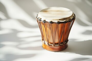 Poster - traditional african drum resting on smooth white surface with soft natural light and ample copy space