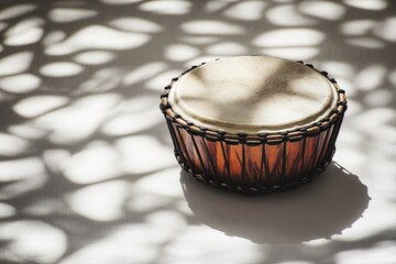 Poster - traditional african drum resting on smooth white surface with soft natural light and ample copy space