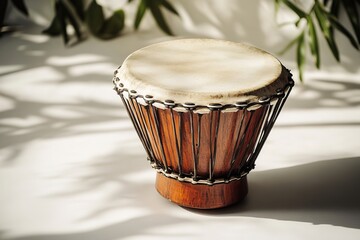 Poster - traditional african drum resting on smooth white surface with soft natural light and ample copy space