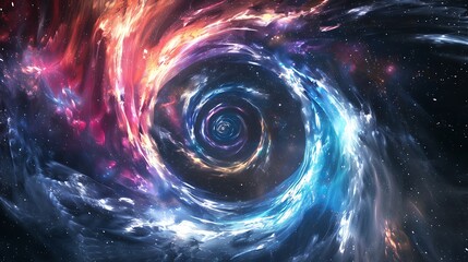 Abstract cosmic vortex with swirling streams of vibrant colors resembling a wormhole or spacetime distortion. Dynamic and imaginative space art against a starry backdrop.

