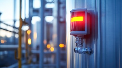 Poster - A closeup of a gas leak detector positioned near a hazardous material storage area with LED indicators signaling safe levels blending technology with safety measures.