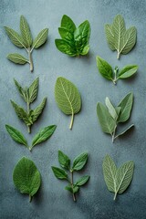 Poster - clean arrangement of herbal leaves displayed in geometric pattern on smooth matte surface under soft natural lighting