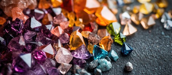 Poster - Vibrant assortment of colorful gemstones artfully arranged on a dark background with ample negative space for customizable text or design elements