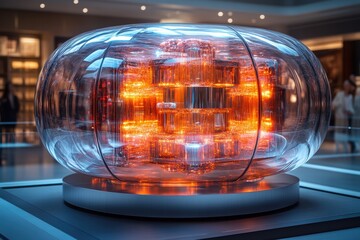 Poster - Conceptual representation of an advanced quantum computer in a modern exhibition space