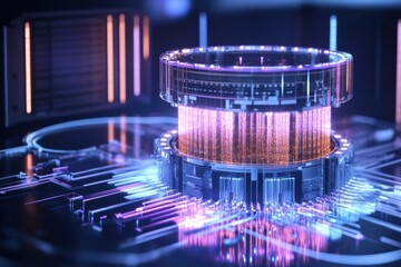 Poster - Conceptual representation of a futuristic quantum computer demonstrating advanced technology