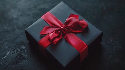 Wall Mural - Elegant black gift box adorned with a vibrant red satin ribbon captured in dramatic lighting on a dark textured surface.