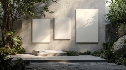 Poster - minimalist blank canvases displayed in a serene natural setting surrounded by greenery and stone ele