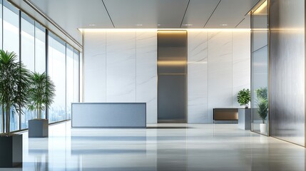 Poster - Contemporary glass office lobby with minimalist design featuring greenery and sleek surfaces for modern interior stock photography