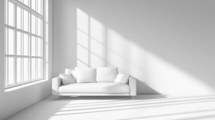 Poster - minimalist bright living room featuring a white sofa and large windows with natural light casting so