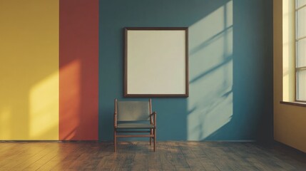 Wall Mural - Minimalist chair in modern room with wooden floor and colorful walls featuring a blank picture frame under natural light shadows