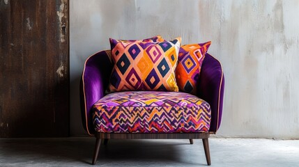 Canvas Print - Minimalist chair featuring vibrant geometric pillows in a stylish modern interior setting