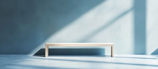 Poster - minimalistic pale studio background with wooden bench offering ample space for interior decor advert