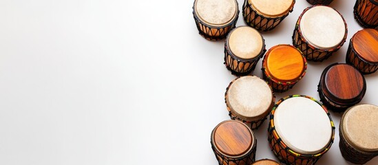 Poster - Handcrafted assortment of 30 colorful drums arranged on a white background with ample negative space for text and design elements