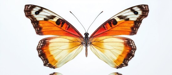 Poster - symmetrical butterfly reflection on white background with ample space for text and design elements