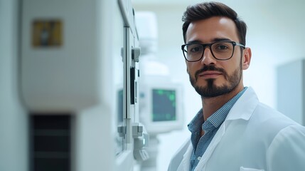 Poster - portrait of male radiologist wearing glasses and standing next to radiology machine with copy space