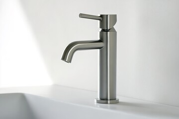 Poster - stock photo of modern faucet minimalistic and simple in design set against clean white background