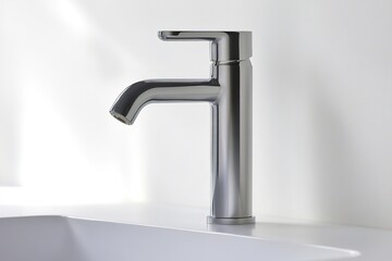 Poster - stock photo of modern faucet minimalistic and simple in design set against clean white background