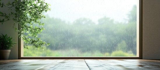 Poster - serene view of a rain-soaked window framing a lush landscape with empty space for text or messages i