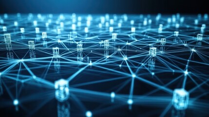 Poster - Digital Network Cubes Glowing Blue Lines Abstract Data Visualization