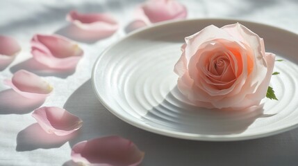 Poster - close-up of single pink rose resting on smooth white ceramic plate surrounded by delicate petals