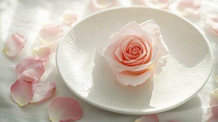 Poster - close-up of single pink rose resting on smooth white ceramic plate surrounded by delicate petals