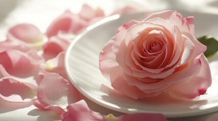 Poster - close-up of single pink rose resting on smooth white ceramic plate surrounded by delicate petals