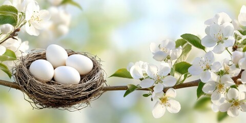 Wall Mural - A Nest of White Eggs Surrounded by Beautiful Blooming Flowers, A Heartwarming Symbol of Easter Celebrations and New Beginnings in Life, Signifying Joy and Fresh Starts During This Lovely Season