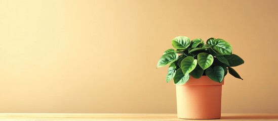 Poster - peperomia plant in simple flower pot on wooden table with soft background and blank space for text a