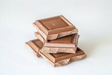 Poster - neatly arranged stack of milk chocolate squares on plain white background under soft natural light