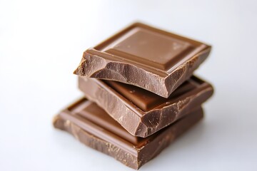 Poster - neatly arranged stack of milk chocolate squares on plain white background under soft natural light