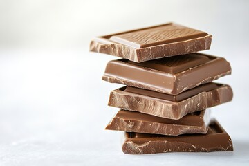 Poster - neatly arranged stack of milk chocolate squares on plain white background under soft natural light