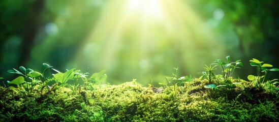 Poster - sunlit green bokeh background with vibrant summer atmosphere and ample copy space for text or design