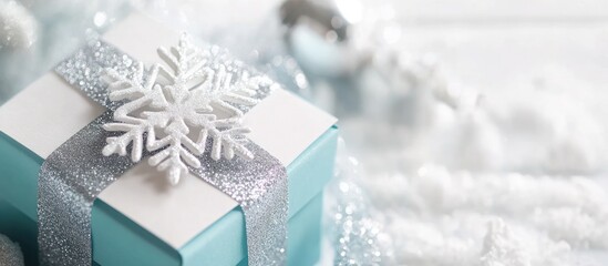 Handmade gift card featuring a blue and white box with silver ribbon and snowflake design perfect for seasonal greetings and celebrations