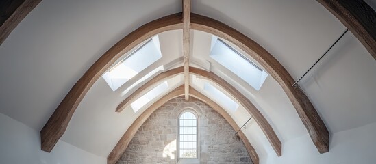 Poster - high vaulted ceiling with wooden beams and skylights in modern interior space for architectural desi