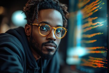 Poster - Programmer focused on cybersecurity in a dark workspace with glowing code on screens