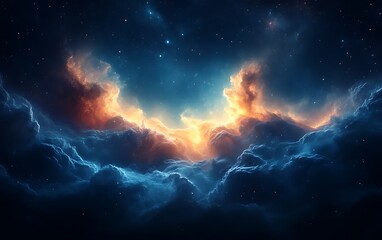 cosmic nebula with vibrant orange and blue clouds, stars, and glowing gases.