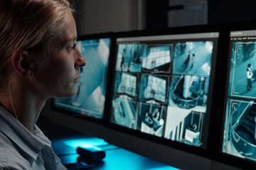 Poster - Young serious female guard sitting by workplace in front of camera and looking at computer screen with cctv videos