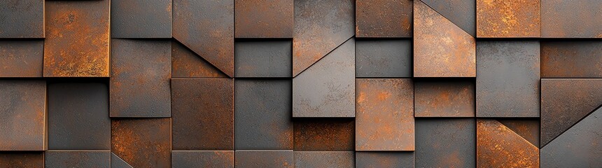 Poster - Abstract geometric pattern with rusted and metallic textures creating a modern and industrial design, showcasing a blend of rust tones and grey hues.
