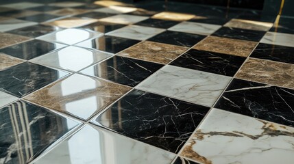 Poster - high-resolution close-up of luxurious black and white marble floor tile installation