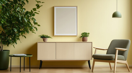 Poster - interior design of a cozy living room featuring a green chair, simple furniture, and potted plants o