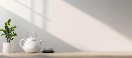 Poster - minimalistic workspace design showcasing elegant teapot with natural lighting and empty area for tex