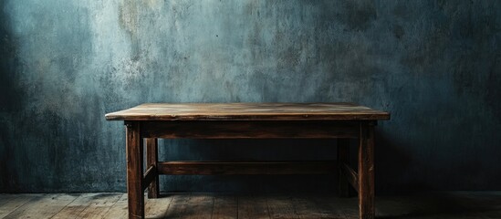 Canvas Print - Minimalist wooden writing desk in loft style against a textured blue wall creating empty space for creative text placement