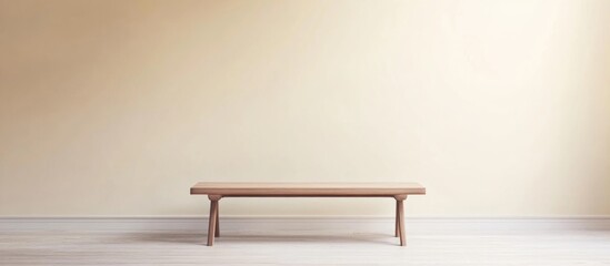 Poster - minimalistic pale studio interior with wooden bench providing empty space for decorative advertising
