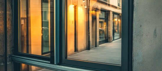 Poster - Reflection of storefronts in law office mirror creating an inviting ambiance with empty space for customizable text or messages
