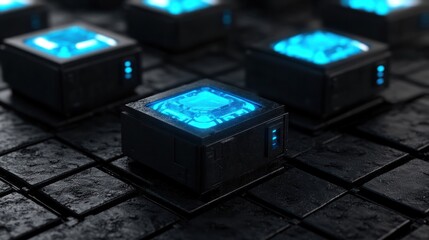 Poster - Glowing Blue Cubes Dark Tech Surface Futuristic Design