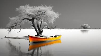 Poster - Vibrant yellow boat navigating through calm river waters amidst beautiful green landscapes