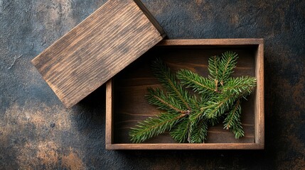 Poster - open wooden box with pine branches on rustic textured surface natural decor mockup background
