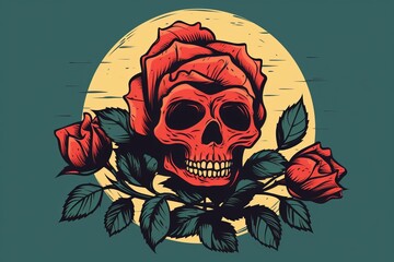 Poster - Minimalist skeleton line drawing featuring a vibrant red rose on a clean white background