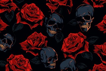 Poster - Minimalist skeleton illustration with a bright red rose on a clean white background